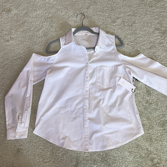Active USA White Cotton Button Down Cold Shoulder Blouse Large NWT - Picture 3 of 8